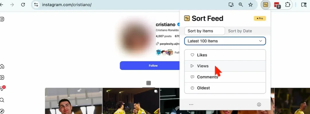 The Sort Feed panel open on an Instagram profile, showing the sort tabs and range selector in place